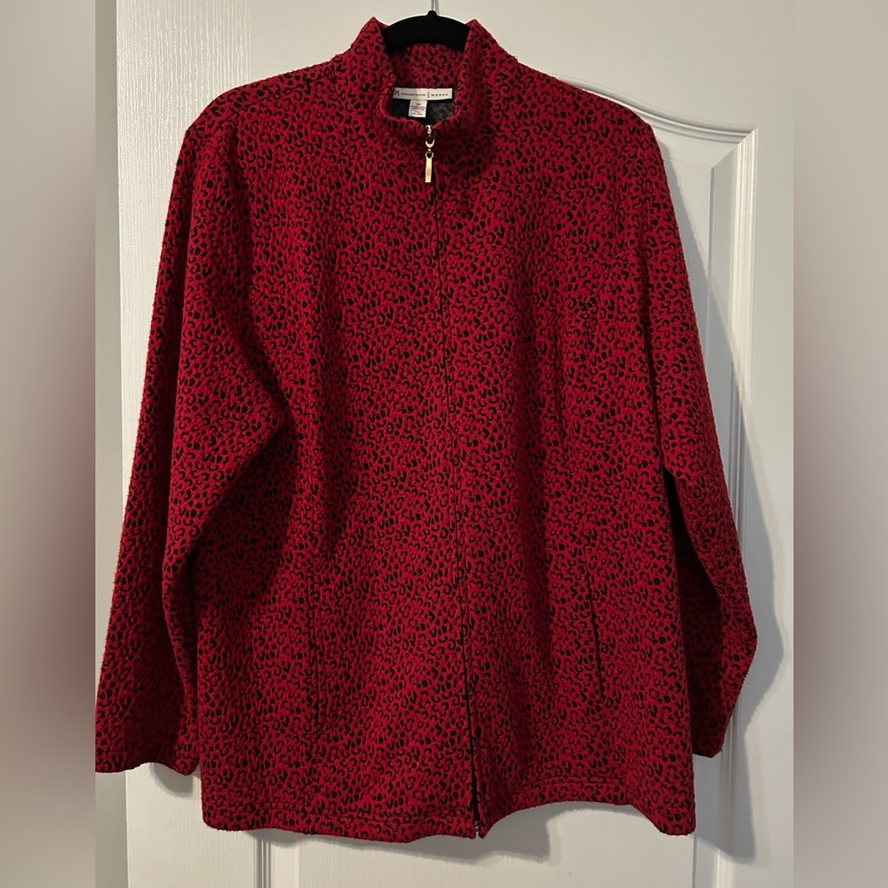 JM Collection Red Animal-Print Zip-Up Teddy Jacket